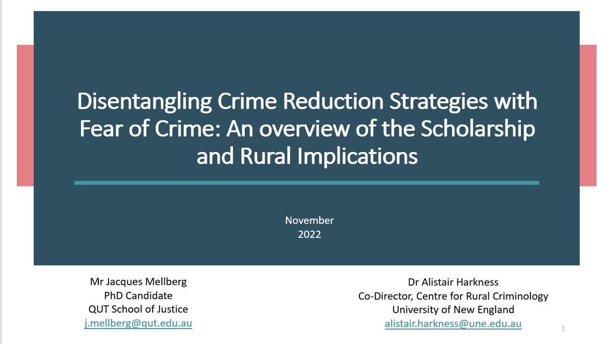 j_mellberg's tweet photo. Today I presented findings and recommendations from my #PhD research on #FearOfCrime for @RuCrim's Key Issues in Rural Crime seminar. I outlined evidence-based strategies for managing fear of crime in the community #ruralcriminology @CrimeJusticeQUT @QUTJusticeHDR https://t.co/ES0lX6zyhE