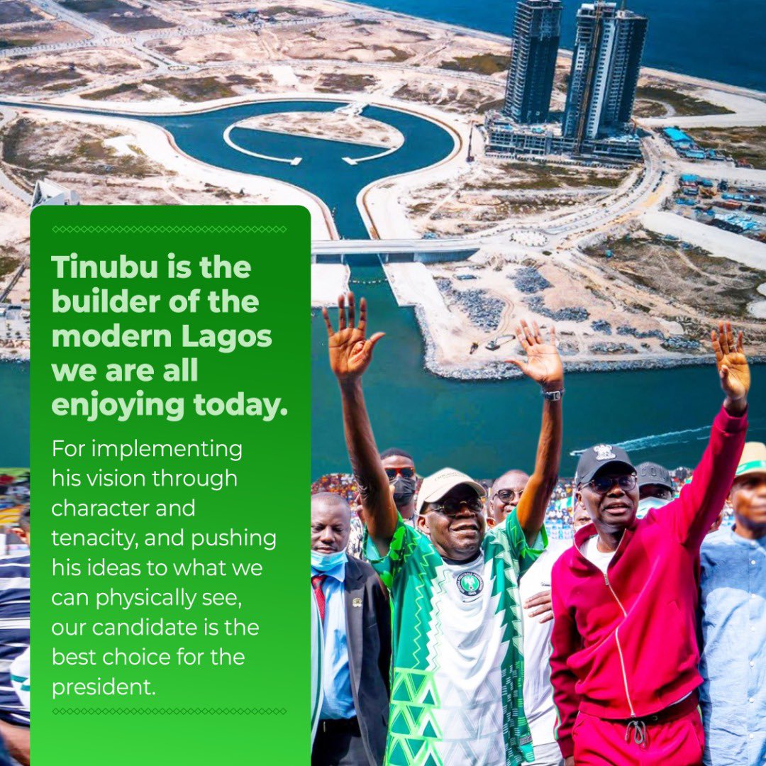 QueenAbeeke's tweet photo. “Tinubu is the builder of the modern Lagos we are all enjoying today. 

For implementing his vision through character and tenacity, and pushing his ideas to what we can physically see, our candidate is the best choice for the president.” ~ Babajide Sanwoolu 

#SanwoAgain #BAT2023 https://t.co/UJOa8S2cqK