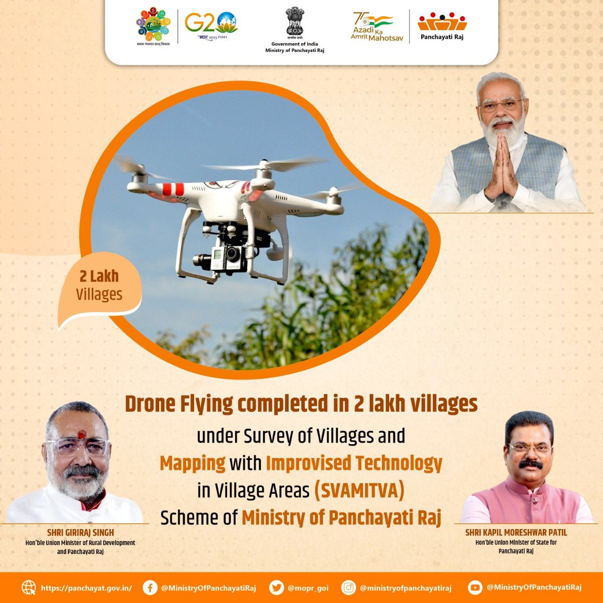 mopr_goi's tweet photo. #SVAMITVA Scheme has achieved a significant milestone of completing #DroneFlying in #TwoLakh villages across the country.

#SVAMITVA Scheme helps in realizing Prime Minister Shri @NarendraModi’s vision of transforming and empowering rural India.

#स्वामित्व
#MeriSampattiMeraHaq https://t.co/vlYhPpcOEy