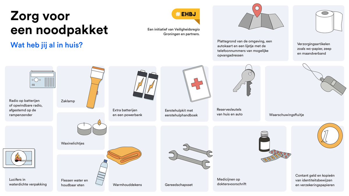 Ben jij voorbereid op een #ramp of #crisis? En wat heb jij al in huis van een #noodpakket? Zeker de eerste 48 uur zijn mensen op zichzelf én elkaar aangewezen. Goed om nu al na te denken wat in jouw situatie van belang is, zodat je voorbereid bent. 👇👉eerstehulpbenjij.nl/wees-voorberei…