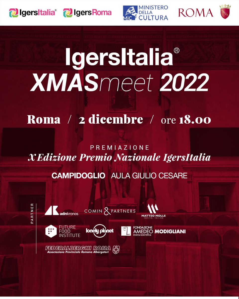 #PremioIgersItalia2022 vi aspettiamo venerdì 2 per la Cerimonia di Premiazione della X Edizione del Premio Nazionale @IgersItalia in Aula Giulio Cesare al Campidoglio.
Prenota il tuo biglietto IgersXMASmeet2022.eventbrite.it
#IgersitaliaXMasMeet2022 #Igersitalia #igersroma
@igers_roma