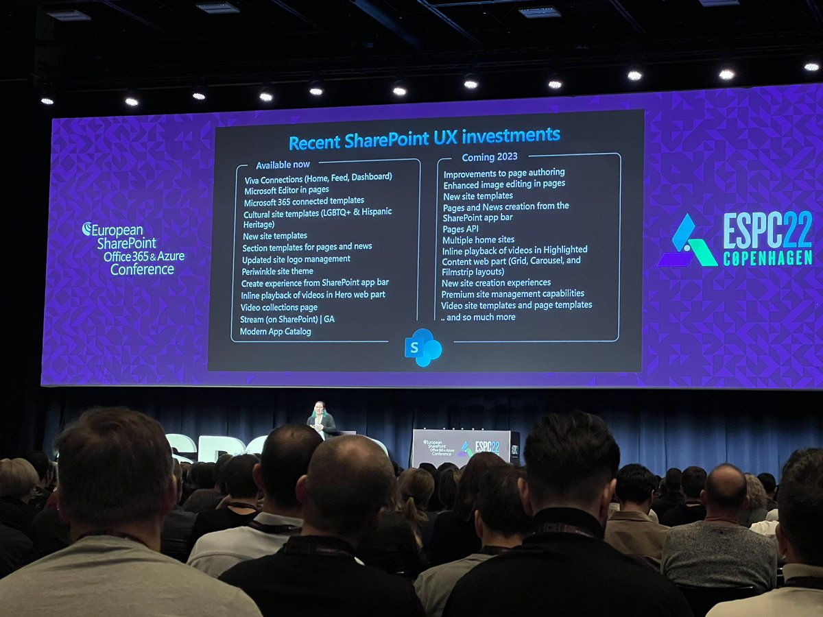 vesajuvonen's tweet photo. Great summary on all recent and upcoming #SharePoint innovations by @catpaint1 at #ESPC22 https://t.co/xEHXbse1VR