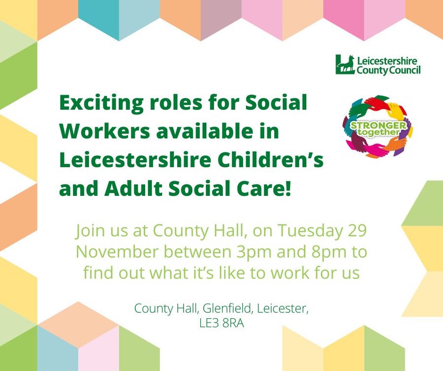 PETLeicsCC's tweet photo. Our in-person recruitment event is today at County Hall, Glenfield. Join us to find out more about social work roles in children and adult social care. For children's social care - we will be offering some interviews during the event. Parking available on site. https://t.co/QMQFccoog4