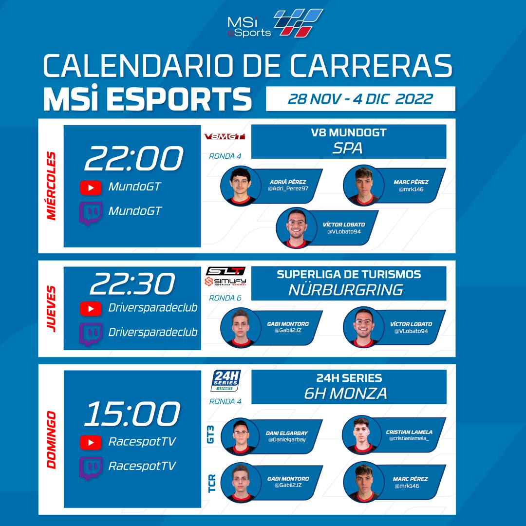 Esta semana hay acción en ESports:
1️⃣Miércoles V8MGT en SPA con Adrià Pérez, Marc Pérez y Víctor Lobato. 
2️⃣Jueves Superliga de Turismos en Nürburgring, con Gabi Montoro y Víctor Lobato. 
3️⃣Domingo 24h Series con 6H de Monza,VAMOS!
#msiesports #esports #phillipses #virtualracing