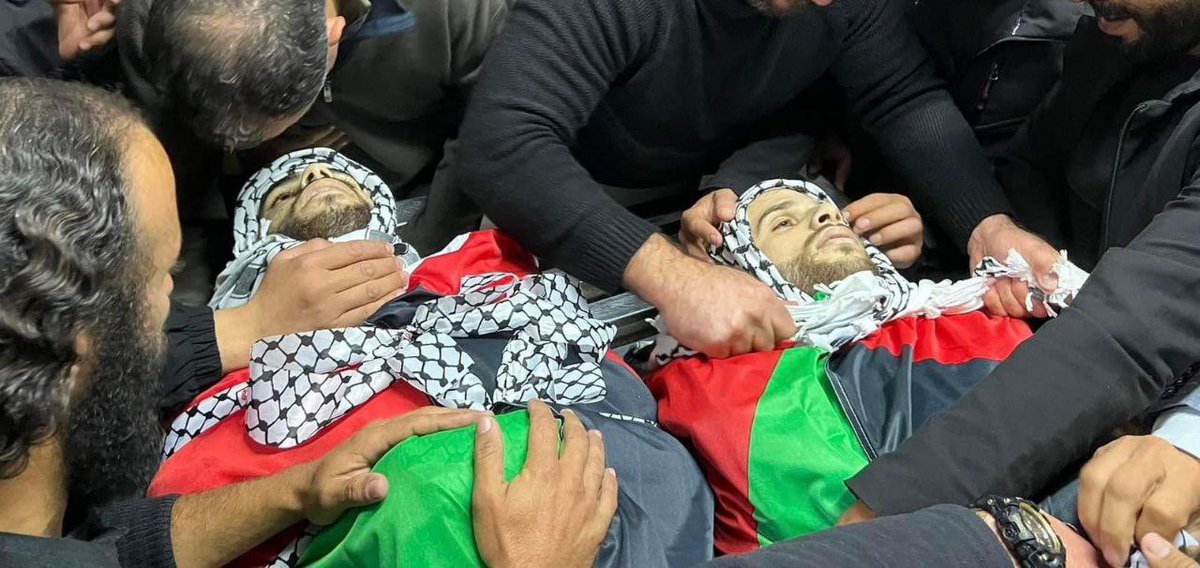 From the farewell of the two Palestinian brothers who were murdered by the lsraeli occupation forces this morning near Ramallah.