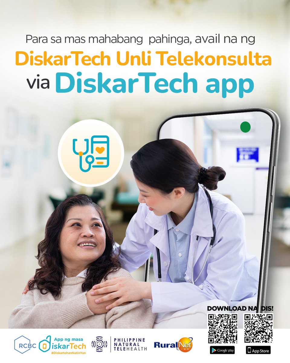 rcbcdiskartech's tweet photo. Pila o pahinga? Mamili ka. ๐
Sa #DiskarTech app, pwede kang makapagpa-consult kay Doc kahit nasa bahay ka lang. Kaya download na dis on Google Play Store or App Store at i-avail ang DiskarTech Unli Telekonsulta for only โฑ50 kada buwan. 'Yun oh! https://t.co/fHoZmNUISx