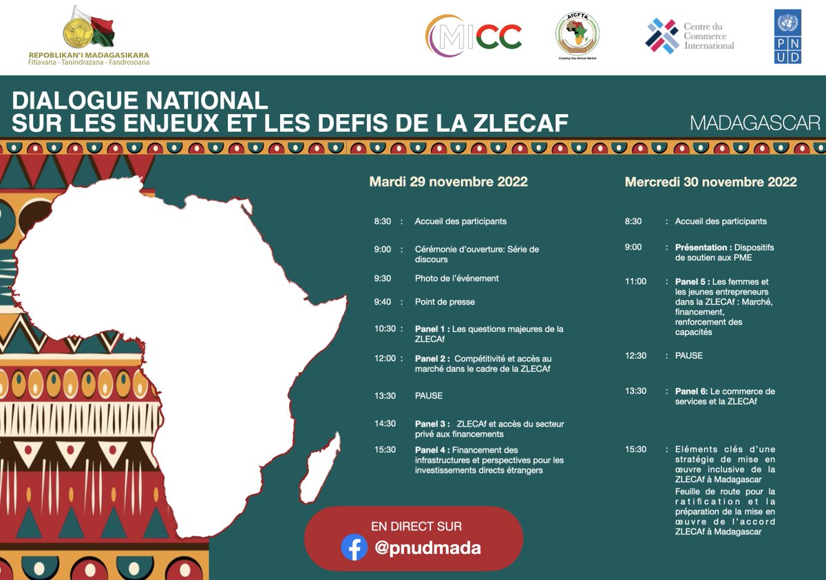 PNUD_Madagascar's tweet photo. Le Dialogue National sur les enjeux et les défis de la #ZLECAF pour #Madagascar se tient ces 29 et 30 nov à Antananarivo à l'initiative du #MICC 🇲🇬 avec l'appui du @pnudfr , @AfCFTA  et  du @ITCnews  et en collaboration avec @ECA_OFFICIAL  @ATPC2  et l' #Afriximbank https://t.co/EAQGIFDwlG