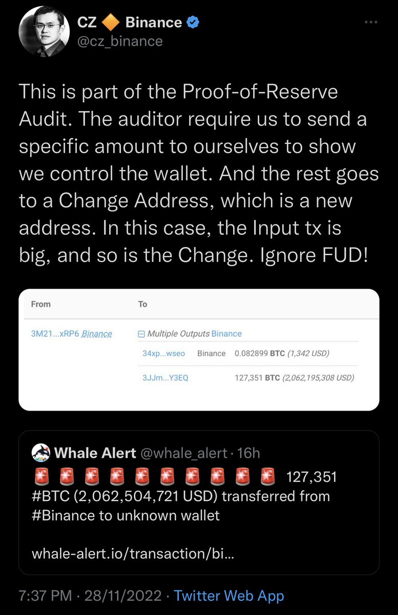 I’m a fan of Binance but auditors would never ask you to move $2bn 

They will be physically present and ask you to *sign a message* using the private key of addresses holding the funds. There is no requirement to move funds at all.