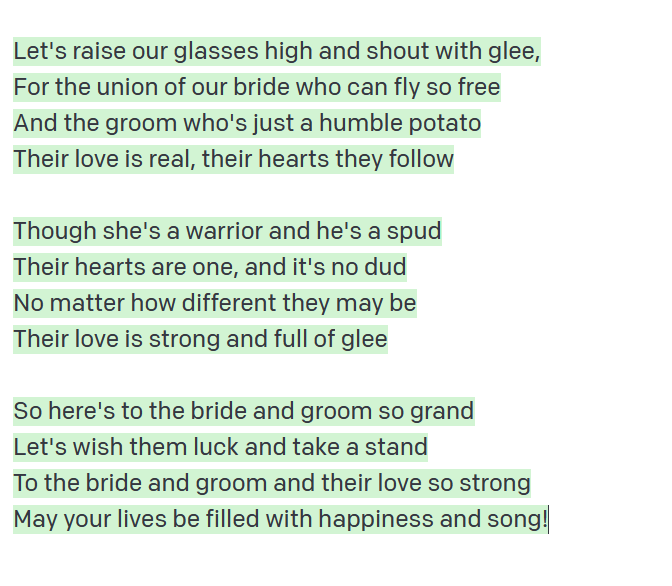 emollick's tweet photo. Write a rhyming wedding toast where the bride is a flying elf warrior and the groom is a potato. https://t.co/I9IAImDG1I