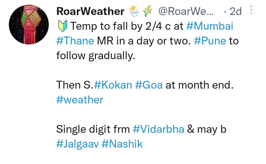 RoarWeather's tweet photo. 🔰 #Mumbai temp drops as forecasted(23 to 17c)

#Pune gradual drop..19 to 15c (to drop further &amp; weekend rise)

#Goa doesn't drop..24.5 c (may drop by month-end..30 Nov/1 Dec)

#Gondia (#Vidarbha) had single digit

⏫So,on forecasted lines 

#weather

https://t.co/gJqeAKqxMK https://t.co/cyzVFwKlZe