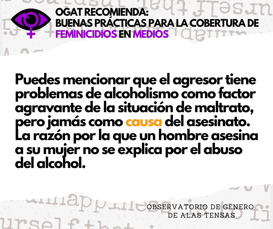 AlasTensas's tweet photo. Seguimos con los consejos a los medios para cubrir #feminicidios. Además del CONTEXTO, es fundamental aclarar la CAUSA del feminicidio, que es la cultura patriarcal machista. No tenemos que buscar ninguna otra causa. #16días #YaEsYa​ #25N https://t.co/4KeakJ37xp