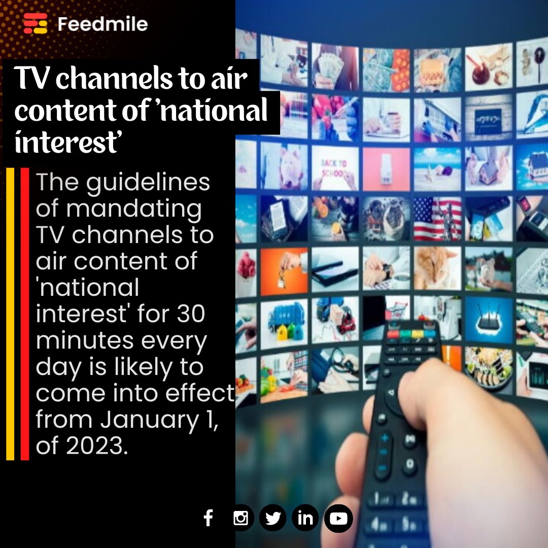 feedmileapp's tweet photo. The Ministry of Information and Broadcasting have released a guideline of airing 'national interest' content daily.
#feedmile #TVchannel #TV #airing #broadcast #telecast #nationalinterest #content #ministryofbroadcasting #TVshows #television https://t.co/MXtstOYsws