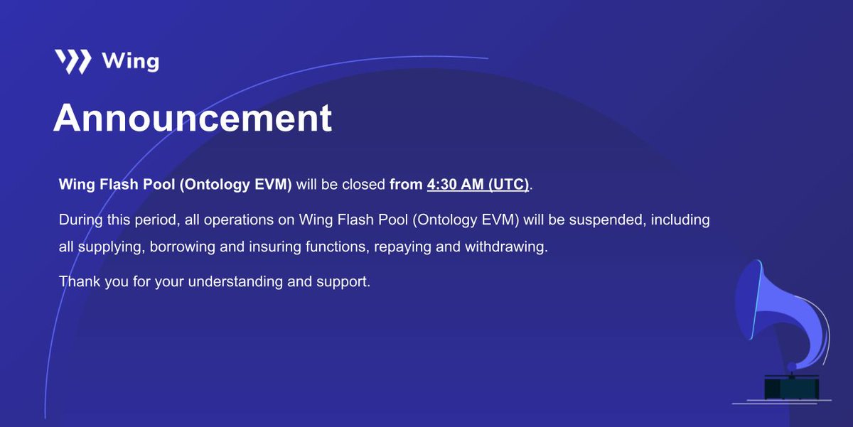 Wing_Finance's tweet image. 🚨ANNOUNCEMENT 

#Wing #FlashPool (@OntologyNetwork EVM) will be closed from 4:30 am (UTC) on 29th November. 
  
Users will be informed when the pool is resumed. 

Thanks for your understanding and support. Any questions 👉t.me/WingDAO