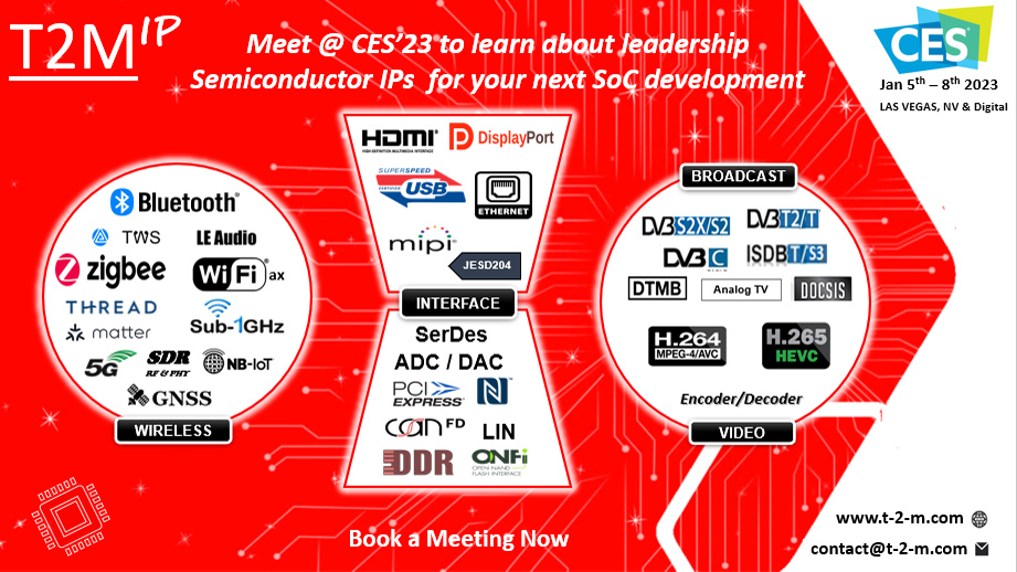 T2M_IP's tweet photo. Meet @ CES’23 to learn about leadership Semiconductor IPs  for your next SoC development.

To Book a Meeting Please Click Here: https://t.co/IQT1SrG5yW

#T2M #silicondesignip #semiconductorIP #siliconIP #ipinsemiconductor #semiconductoripvendors  #semiconductoripproviders https://t.co/SkdQ5Apbjv