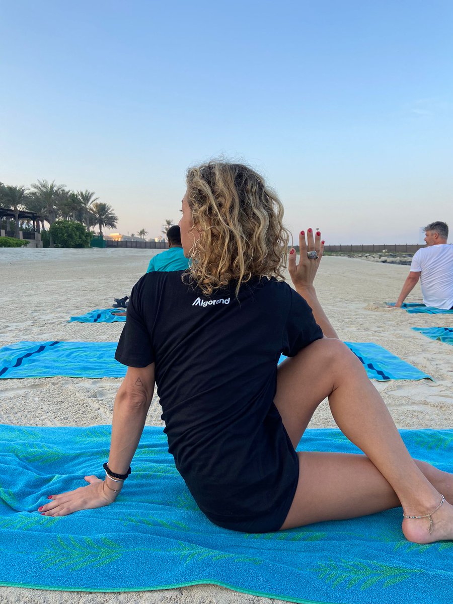 AlgoFoundation's tweet photo. The #algofam got some zen time this morning with some Hatha yoga flow during the sunrise on Al Qasr beach in Dubai ahead of @decipherevent

We are ready for the best event of the year #Decipher22 🔥

#greencrypto #algorand #shapethefuture https://t.co/8InLuuWIap