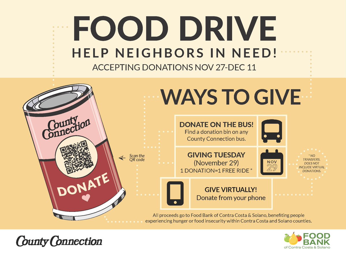 Our partners at County Connection have turned their buses into rolling food bank donation sites! Donate through 12/11. Also tomorrow, get one free ride with your food donation. Simply show the driver your donation &amp; put in the collection bin. Take a seat and enjoy your free ride!