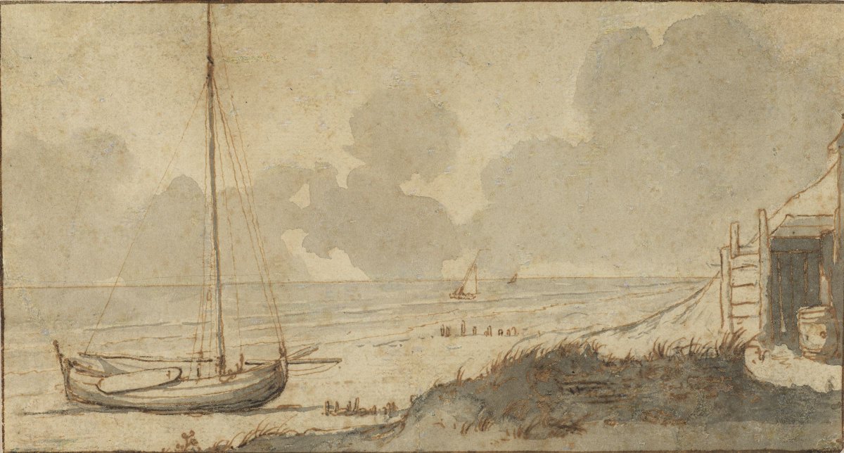 harvard_art_bot's tweet photo. Landscape with Sailboat pulled Ashore; verso: Ocean Waves - (17th century) Attributed to Simon de Vlieger | 1.2018.193 https://t.co/nOowf72Fvi