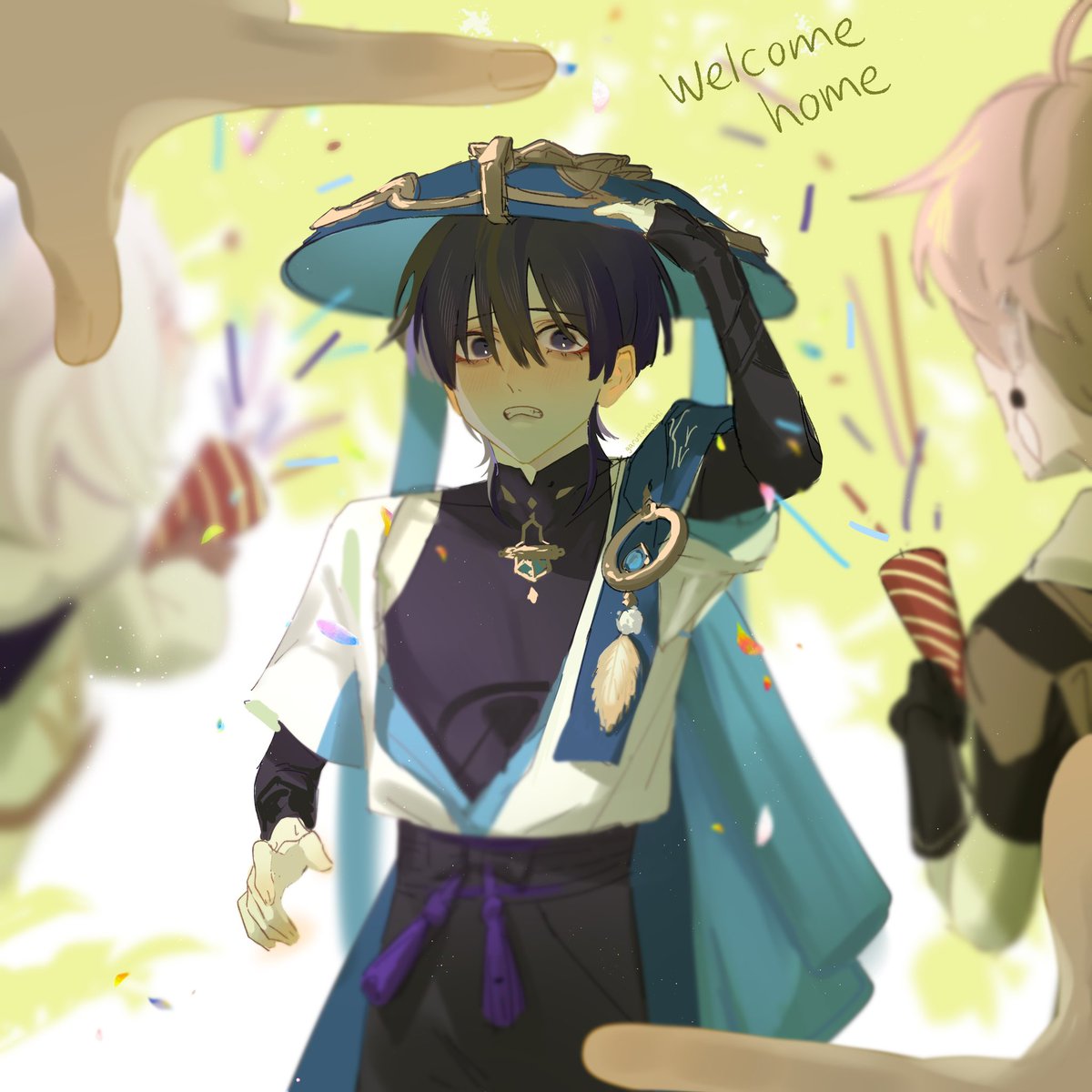 aether (genshin impact) ,scaramouche (genshin impact) jingasa multiple boys  teeth bangs shirt short sleeves gold illustration