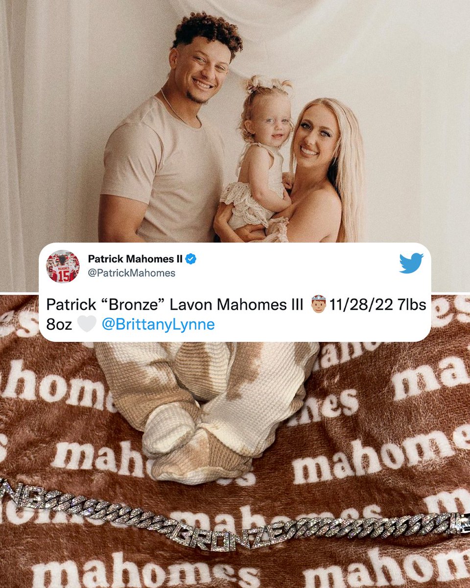 ESPNNFL's tweet photo. Patrick Mahomes announced the birth of his son, Bronze 🙌 https://t.co/0XJva9aDMS