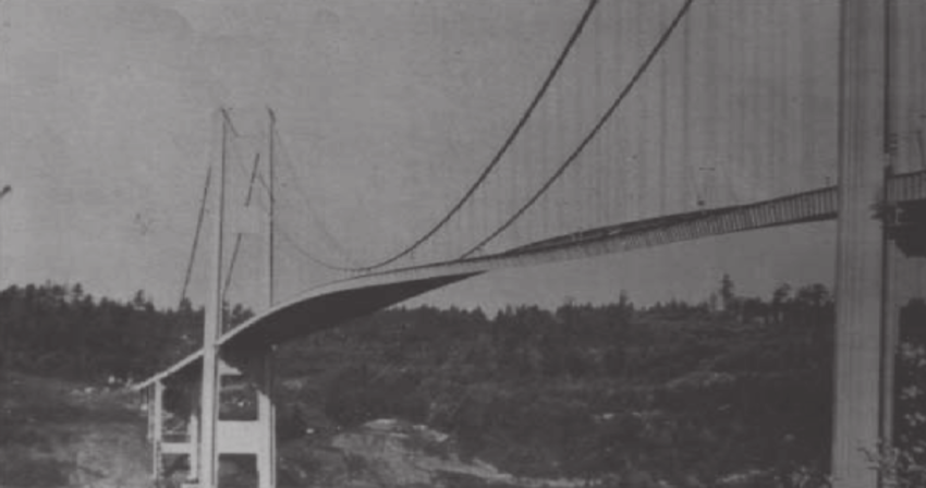 RholdAngelo's tweet photo. This image illustrated the cause of the failure that was discussed in Green's video. This image showed the effects of an aeroelastic flutter on the Tacoma Narrows bridge. As stated in the video, this oscillation started from one of the cables breaking. #RHUB392 https://t.co/JMMXmokKzp