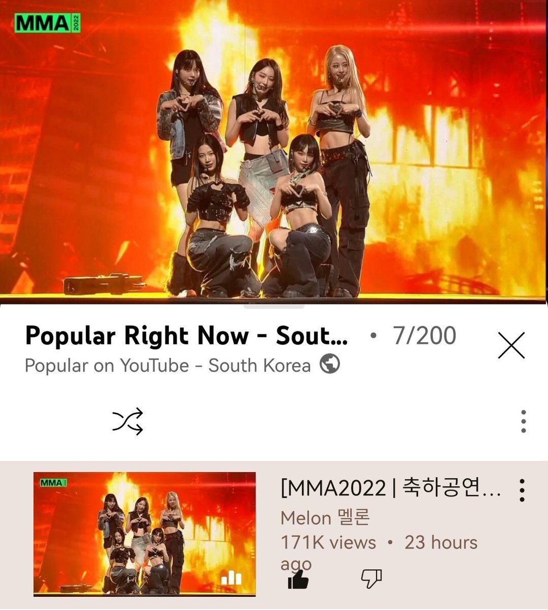 LSSRFMcharts's tweet photo. "LE SSERAFIM 2022 MMA (MelOn Music Awards) Performance" is trending on YouTube - South Korea at #7! 👏🔥

🔗: https://t.co/U7nq1pgfLx

#LE_SSERAFIM #르세라핌 https://t.co/PyuH5eohZy