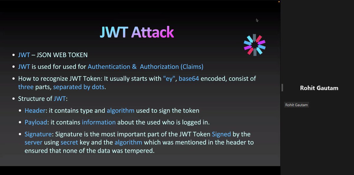 SecurzyHQ's tweet photo. What a well-demonstrated webinar on Hacking JWT for Bug Bounties by @HackerGautam! For more such cybersecurity #webinars and #BootCamp join https://t.co/48urzQyL7J for free! #infosec #Pentesting #cybersecurity #application #security #ethicalhacking #bugbountytips #Securzy https://t.co/ogYKN9B81z
