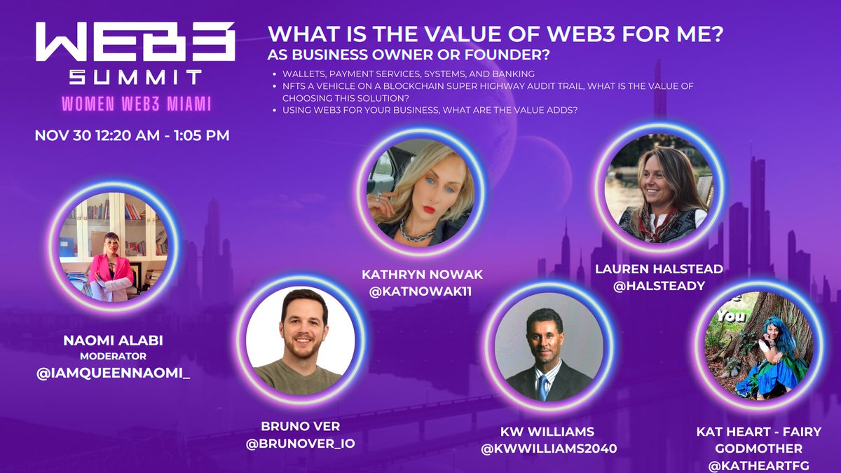 Join us on Nov 30th, in a panel discussion about The Value of Web3👇

🎙️Moderator: 
<a href="/iamqueennaomi_/">Iamqueennaomi</a>

🎙️Speakers:
<a href="/brunover_io/">Bruno Ver</a>
@Katnowak11
<a href="/KWWilliams2040/">KW Williams</a>
<a href="/halsteady/">halsteady</a>
<a href="/Katheartfg/">Kat Heart 💛☀️</a>

Don't miss this one!

🎟️Web3Summits.io

#ArtBaselMiami #womenintech #WomenInNFTs #Web3summits