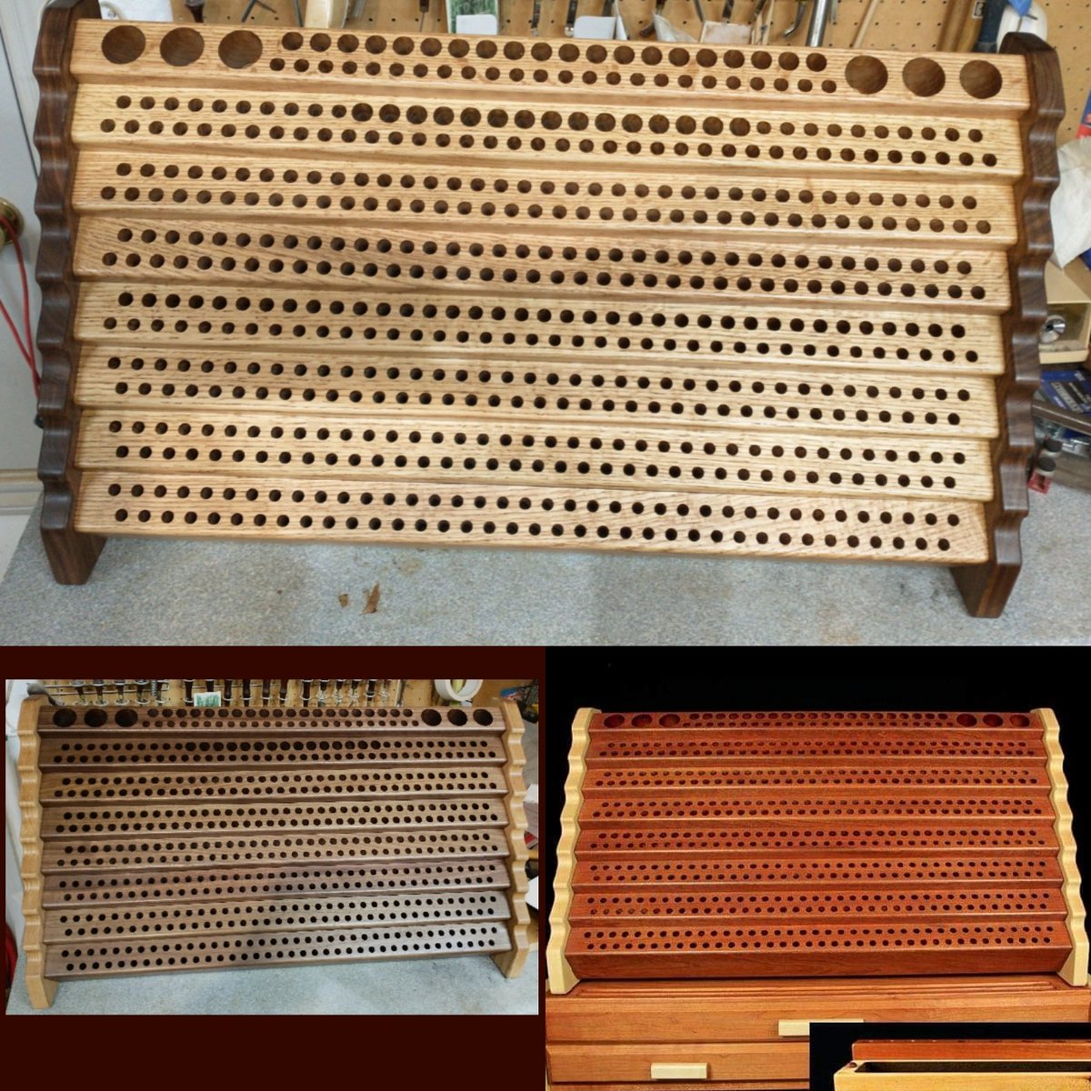 SwallowsLeather's tweet image. 3 nearly identical racks showing  different wood combinations .... red oak with walnut, walnut with red oak and cherry with maple really complement each other and create a visual pleasing look!