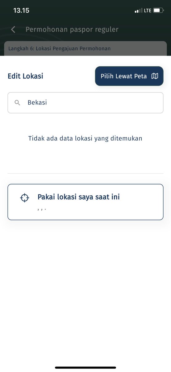 Bapak/Ibu, mohon bantuannya. Saya tidak dapat memilih lokasi di peta pada saat akan membuat paspor biasa. Saya hendak memilih bekasi, namun posisi saya hingga 2 hari kedepan ada di Makassar. Bagaimana solusinya? <a href="/ditjen_imigrasi/">Ditjen Imigrasi</a>