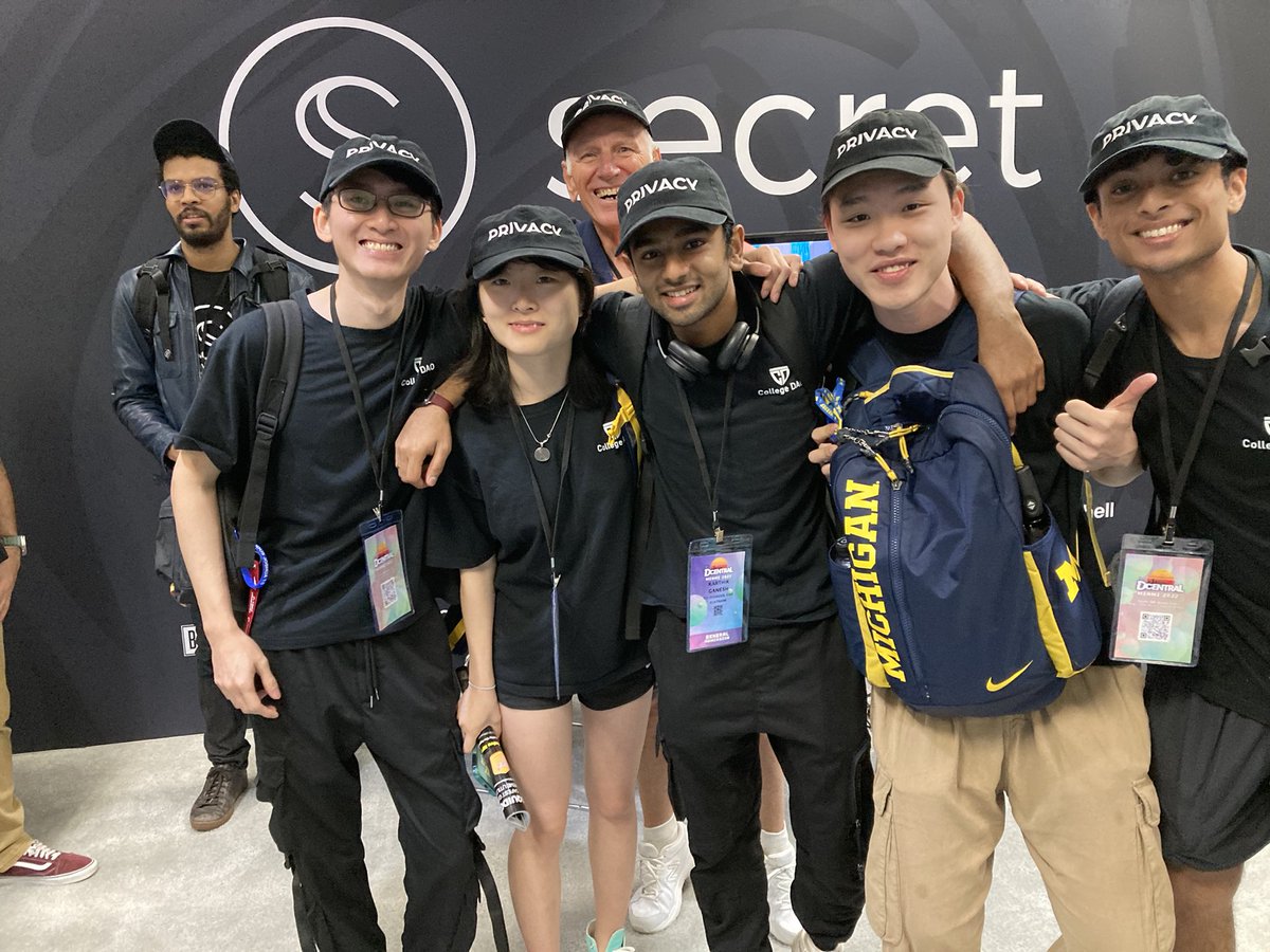 CEdwardsJD1's tweet photo. -Had the honor of representing @SecretNetwork #SCRTService @ #DCentralSCRT!
-Highlight: meeting eager, University of Michigan students on a mission of blockchain awareness!
-Behind: a '60s Michigan grad--Mathematician, polymath and oldest🤔Secret Agent!
@TorBair @Melch18_ https://t.co/9488MqySUh