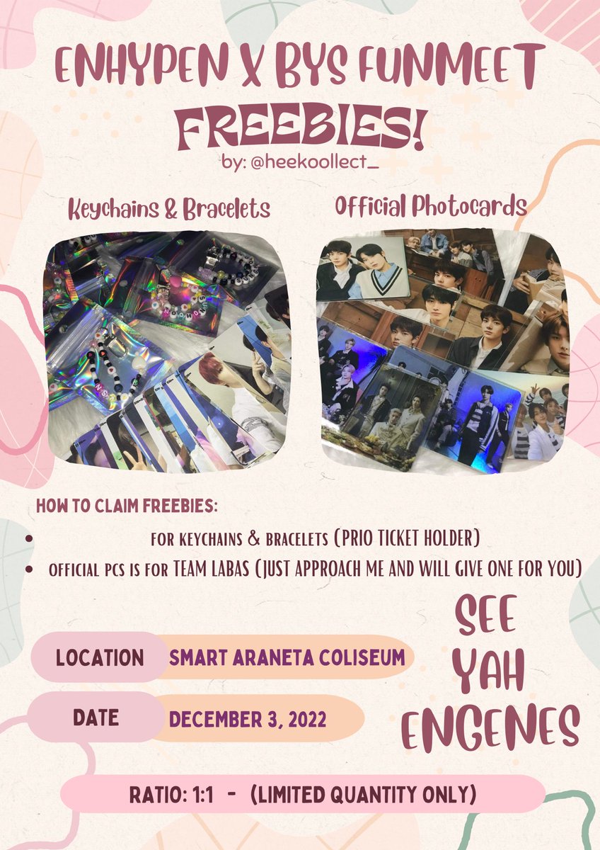 heekoollect_'s tweet photo. ENHYPEN X BYS FUNMEET!

I will be giving freebies for team labas and team concert on Dec 3!

Location: Smart Araneta Coliseum (exact place will be announce on dday)
Time: 2pm

—  follow me and rt this tweet to spread 🥰 more details on poster

#ENHYPENwithBYS #BYSPH https://t.co/CzHl33UKVF