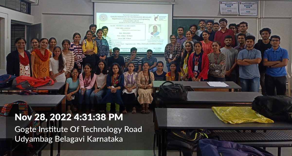 klsgitbelagavi's tweet photo. IIC Conducted Session on “THE IDEA SEED”- Making the world a better place, organized by the Dept. of ISE in association with, the Institution's Innovation Council (IIC), Mrs. Nita Ajith, Technical Lead, Cloud Integration Services United Techno, Chennai. #IIC #technicalead #clouds https://t.co/U4OntqlAP2