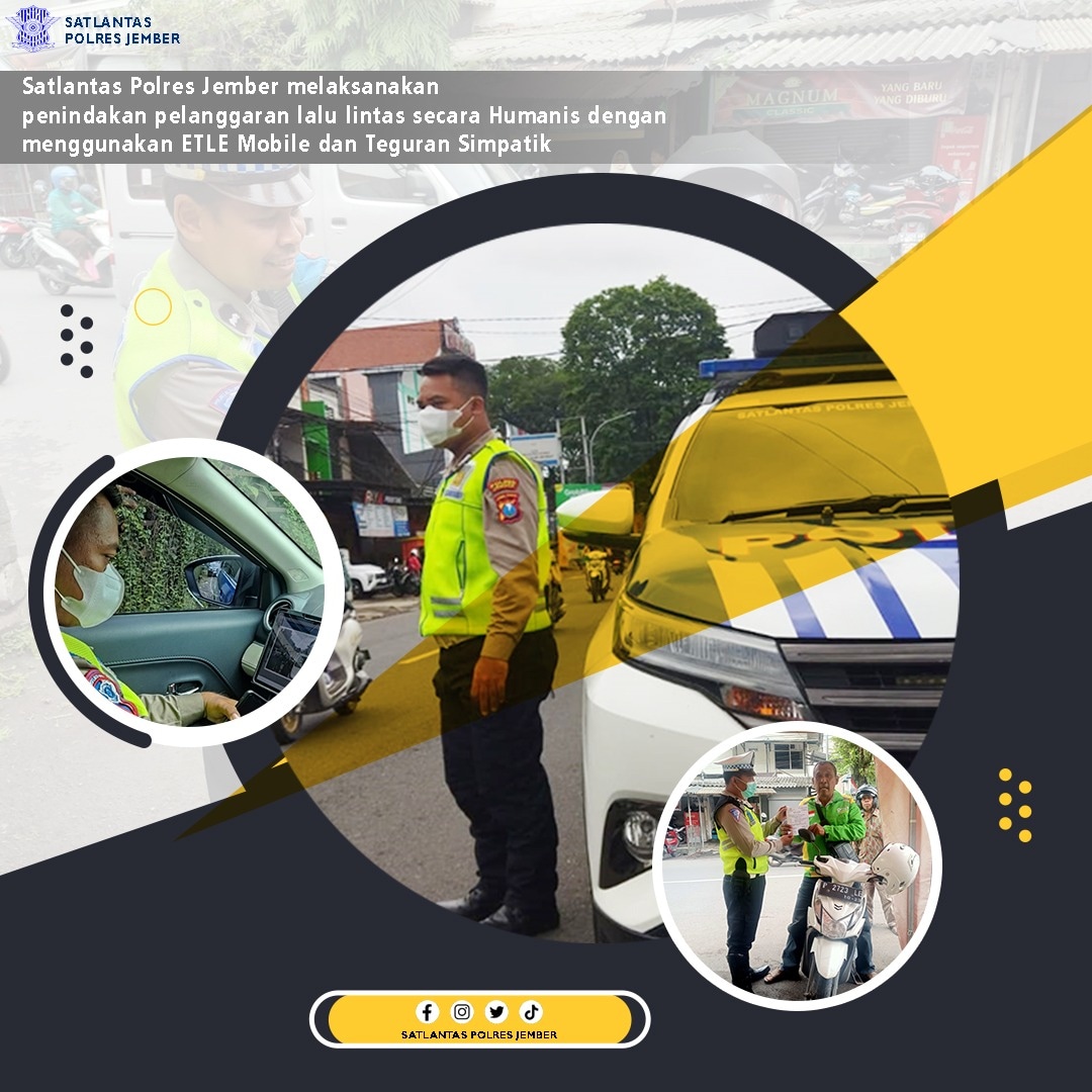 SatlantasJember's tweet photo. Satlantas Polres Jember melaksanakan penindakan pelanggaran lalu lintas secara Humanis dengan menggunakan ETLE Mobile dan Teguran Simpatik
.
.
#polisi #jember #polresjember #kapolresjember #herypurnomo #satlantasjember #lalulintas
#jatimbermasker #ntmcpolri #rtmcjatim https://t.co/zSIOmRjNie