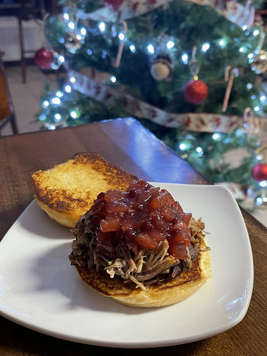 We put this together for the #Julebyen celebration in Knife River, MN. In honor of the Scandinavian event we call this Viking Smørrebrød. It’s our slow cooked pulled pork with some special seasonings on a buttered bun and topped with a house made lingonberry chutney.