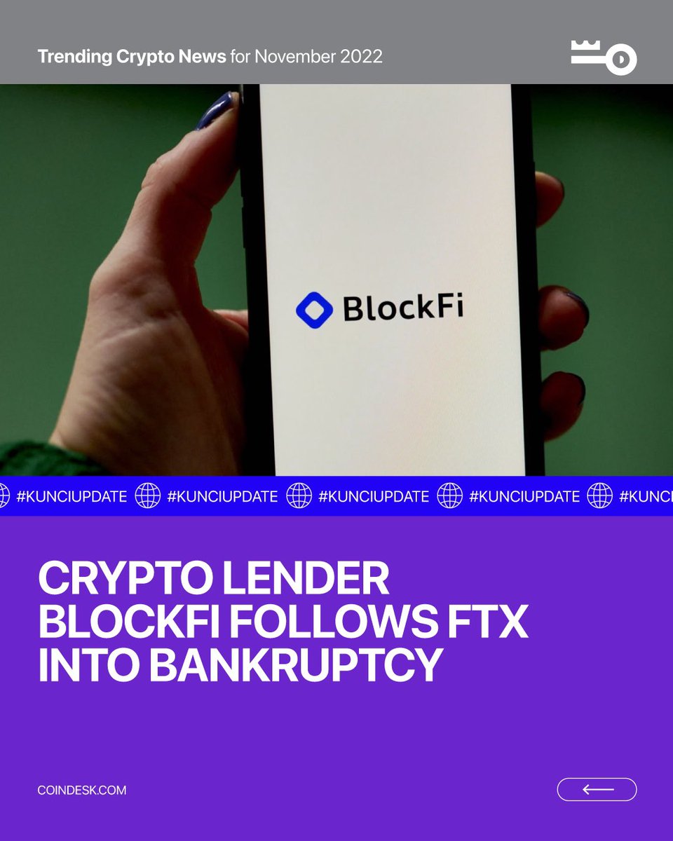 Kuncicoin_id's tweet photo. Good day and Happy Tuesday #KunciArmy! 🤩 It’s time for us deliver #KunciUpdate to you 📰

This week in Crypto News:

1. Crypto Lender BlockFi Follows FTX Into Bankruptcy
2. TianTian Kullander, co-founder of a $3 Billion Crypto Firm Dies Suddenly, at 30

1/3 https://t.co/BFaYgUGkxE
