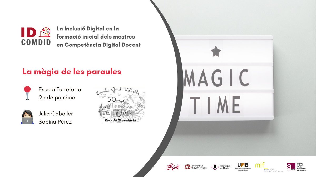 idcomdid's tweet photo. 📢 Proposta didàctica #idcomdid
🗓️ 13/01 de 2023
➡️ “La màgia de les paraules” 🪄🔤✨
📍@ETorreforta - 2n de primària
👩🏫 Júlia Caballer @JuliaCabLo i Sabina Pérez @SabinaPerEstr
#projecteARMIF
@ProgramaMIF
#AGAUR https://t.co/GdpluKgZlc