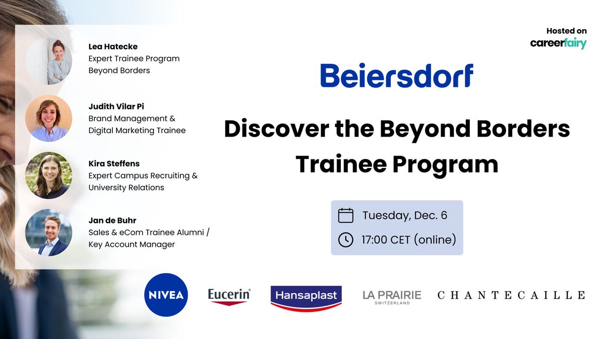 You want to work globally and set the course for an international career? Then the BEYOND BORDERS trainee program of Beiersdorf is just right for you! Learn more in our session on Dec 6th - hosted on CareerFairy! Register here: careerfairy.io/upcoming-lives…