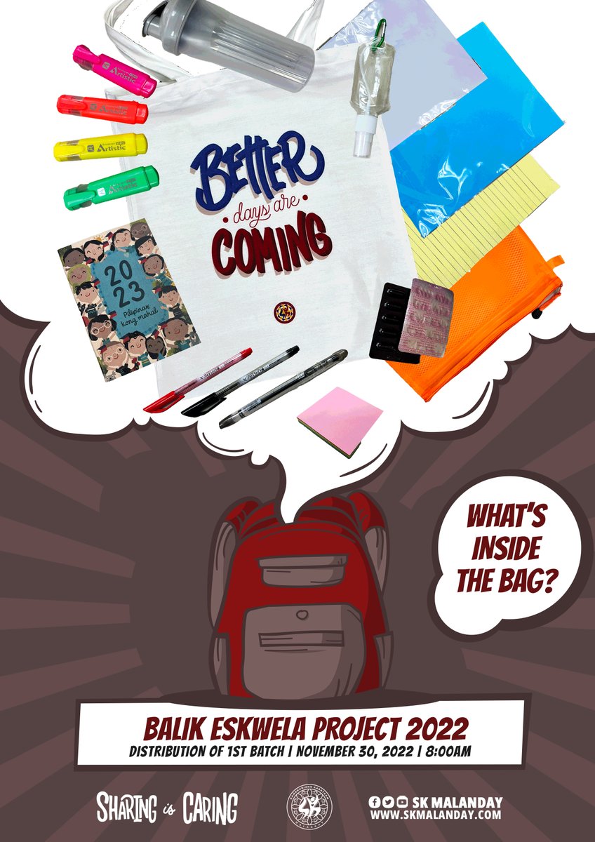 SKMalanday's tweet photo. ANU-ANO NGA BA ANG LAMAN NG BAG para sa ating Balik Eskwela 2022? Ating silipin! 🤓
Kaya para sa ating 1st Batch of Recipients, kitakits bukas ng 8:00am sa 3S Center Malanday dala ang photocopy ng inyong ID at COR.
#SharingisCaring2022
#BalikEskwelaProject
#ExperienceMalanday https://t.co/AEMYr0ZWoA