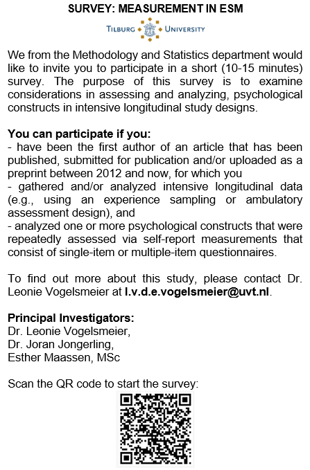 Dr. Leonie Vogelsmeier (@leonievogelsm) on Twitter photo 🚨Looking for Researchers working with Intensive Longitudinal Data🚨
We’d like to know how you assessed and analyzed psychological constructs (for details see the attached flyer).
Link: tilburgss.co1.qualtrics.com/jfe/form/SV_37…
Retweets are appreciated:-)
@esthermaassen @JoranJongerling 🚨Looking for Researchers working with Intensive Longitudinal Data🚨
We’d like to know how you assessed and analyzed psychological constructs (for details see the attached flyer).
Link: tilburgss.co1.qualtrics.com/jfe/form/SV_37…
Retweets are appreciated:-)
@esthermaassen @JoranJongerling