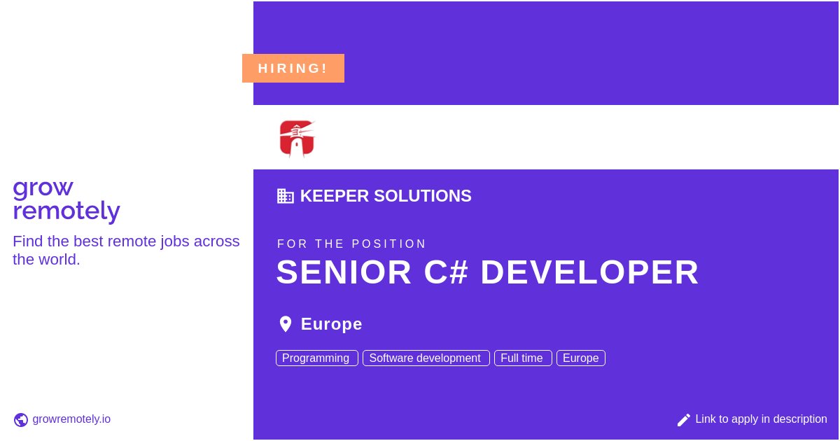growremotelyio's tweet image. Check out this job at Keeper Solutions for the position Senior C# Developer.

 Apply link: growremotely.io/?id=63854e6c73…

#hiring #remotejobs #KeeperSolutions #Programming