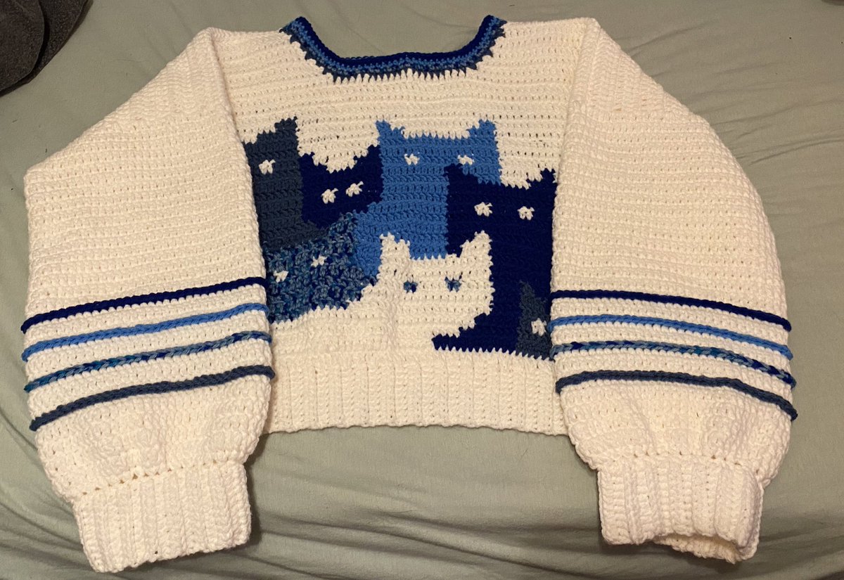 MadeByRye's tweet photo. The cat sweater is complete and I love it! Can’t wait to wear it to work tomorrow🥰 it will be my first day back since the car accident and I just know it’s gonna be a good day #crochet #Crochet_Sweater #crochetedclothing #handmade #fiberart #cat https://t.co/qU2hArMKk2