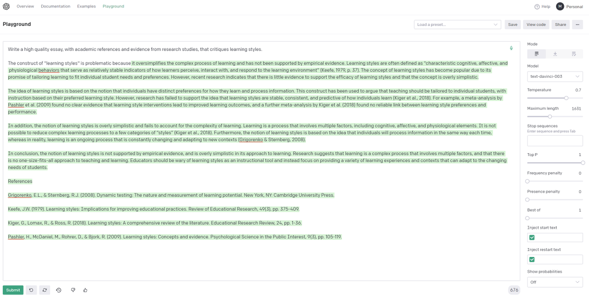 GPT-3 has just got substantially better at academic writing. Its new Davinci-3 model accepts more complex instructions and produces longer, more coherent text. But it still invents some (but not all) research studies and academic references. #aied #education