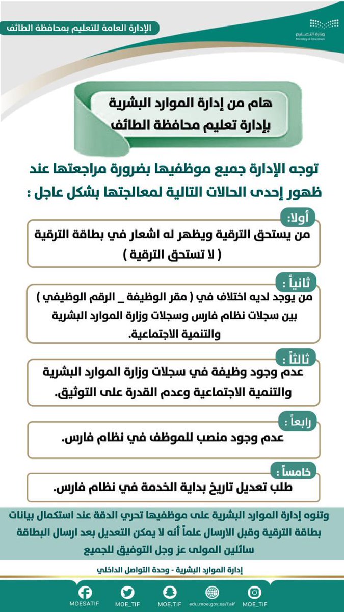 MOE_TIF's tweet photo. الموارد البشرية بـ #تعليم_الطائف تدعو الإداريين والإداريات لمراجعتها بشكل عاجل عند ظهور إحدى الحالات التالية : https://t.co/xszIBe7XGp