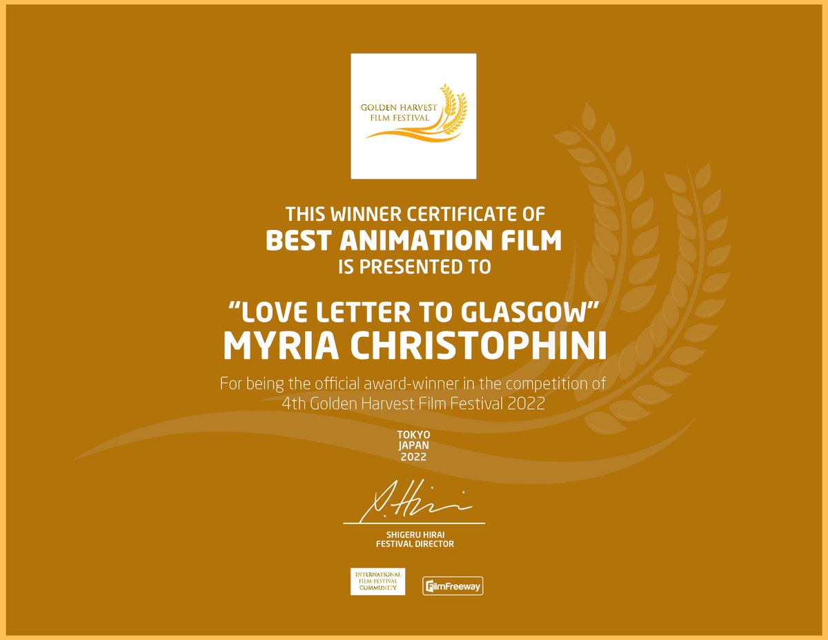 MyriaAnimated's tweet photo. I am so happy that my animation 'Love Letter to Glasgow'won the Best Animation Film award at the Golden Harvest Film Festival in Tokyo, Japan. #GoldenHarvestFilmFestival #animation #filmfestivals https://t.co/UwiVGlJbvY