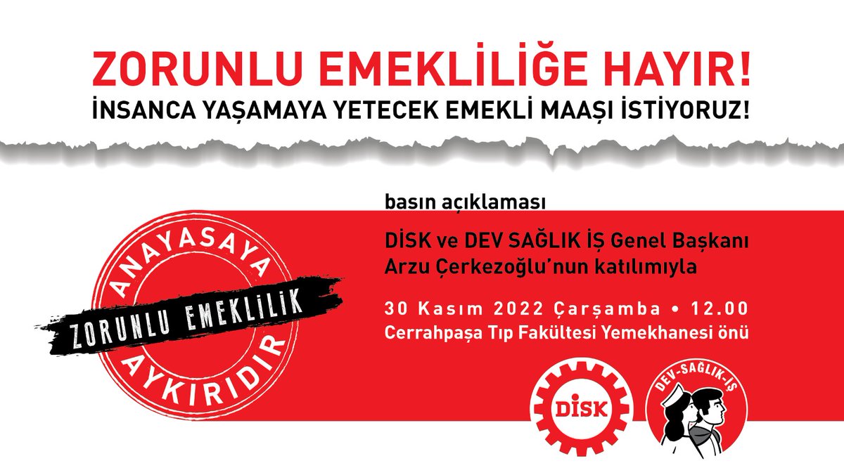 ArzuCerkezoglu's tweet photo. Zorunlu Emeklilik Anayasa’ya aykırıdır!..

"Zorunlu Emekliliğe Hayır" demek için yarın saat 12.00'de Cerrahpaşa Tıp Fakültesi Hastanesi'nde sağlık işçisi arkadaşlarımızla basın açıklamasında buluşuyoruz.
#ZorunluEmeklilikİstemiyoruz https://t.co/gl3RLDHjHt