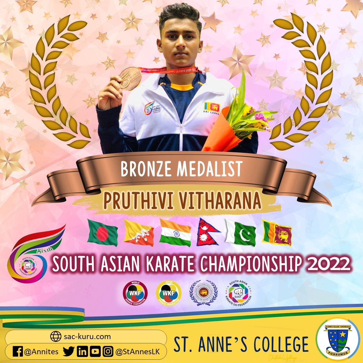 StAnnesLK's tweet photo. It's a glamorous sunny day at @StAnnesLK & to make it brighter, we've news. Pruthivi Vitharana clinched onto the podium by winning bronze at the 2022 South Asian #Karate Championship.
Take a bow Pruthivi, you made history & made our College & country proud!
#StAnnesLK #Annites https://t.co/6j6HqBZI6q