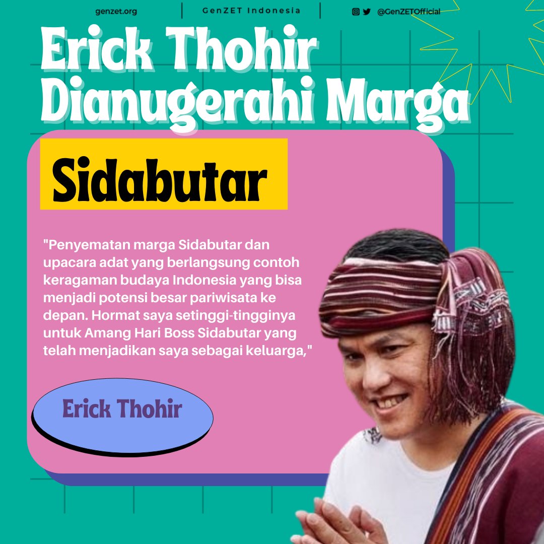 Suatu kehormatan bagi Menteri Badan Usaha Milik Negara Erick Thohir yang kini menyandang marga Sidabutar dan resmi menjadi bagian dari suku Batak, Sumatera Utara.

<a href="/erickthohir/">Erick Thohir</a>
#GenZETIndonesia 
#ErickThohirJujurBersih