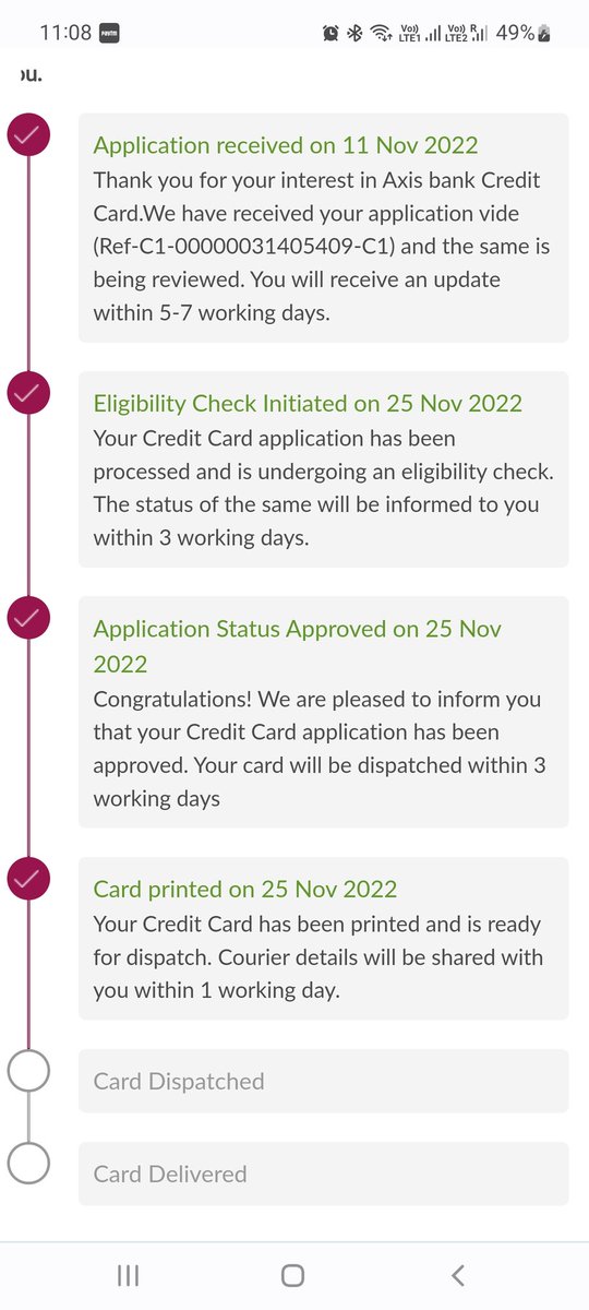skkaran98's tweet photo. Dear @AxisBank @AxisBankSupport  Team,
This card has approved 25th of Nov, also showing for delivery within 1 working day, already left 2 working days, and Cust Care staff saying 10-25 days,

Who are telling a lie?

#Axisbank https://t.co/zBqytFukt7