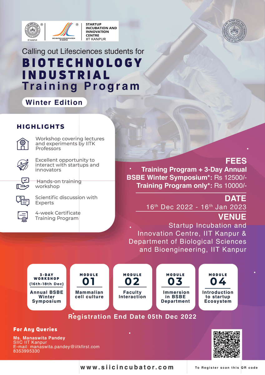 incubatorIITK's tweet photo. #feeupdate #reduction #winteredition #training
SIIC in collaboration with the Department of Biological Sciences & Bioengineering, IITK, is launching the Winter edition of the 1-month long Biotechnology Industrial Training Program, https://t.co/PZOX937Y85