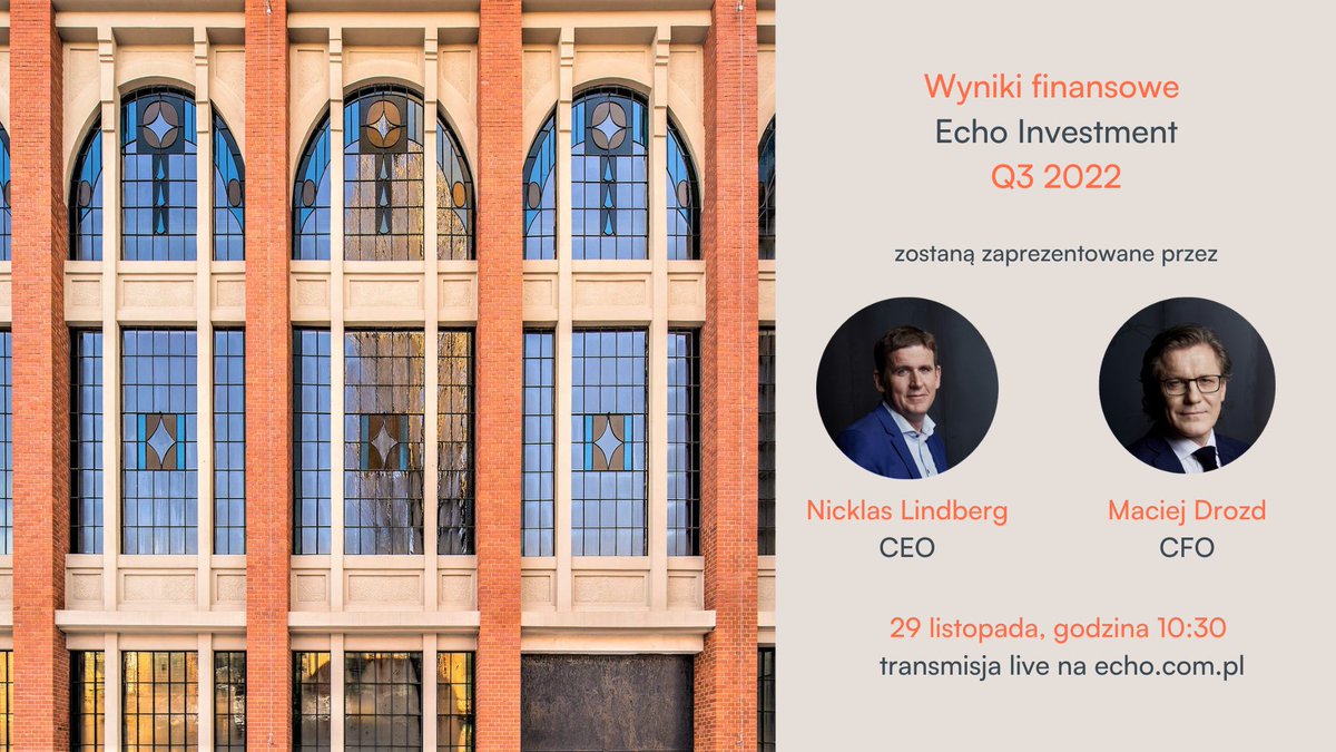 #wyniki Już dziś o godz. 10:30 o naszych wynikach za III kwartał 2022 opowiedzą Nicklas Lindberg, CEO Echo Investment i Maciej Drozd, wiceprezes ds. finansowych.

🗓️Kiedy? 29.11 (wtorek)
🕐O której? 10:30
📲 Transmisja online będzie dostępna na stronie echo.com.pl